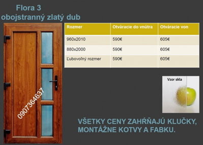 Plastové vchodové dvere Flora 3 obojstranný zlatý dub skladom 960x2010 ľavé otv.dovnútra