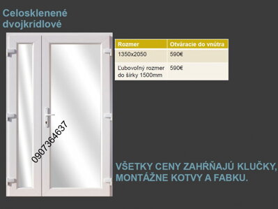 Plastové dvere dvojkrídlové celosklenené skladom